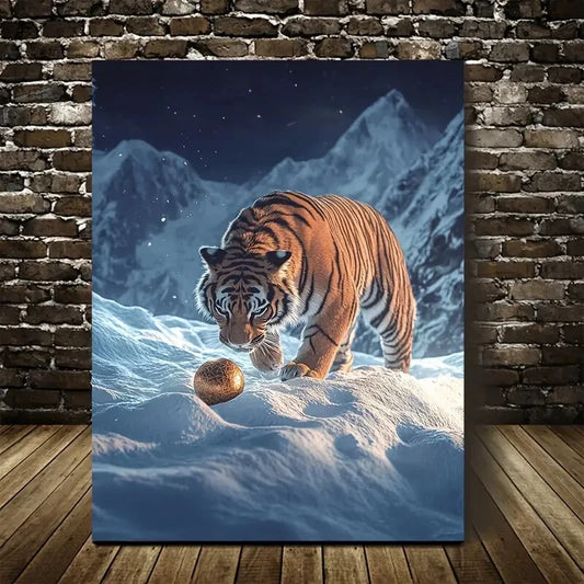 Dreamlike Tiger Playing with Ball On Snowy Painting 40x60cm Metal Print Ready to Hang