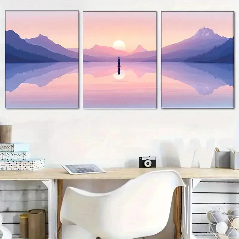 3pcs Mountain Lake And People at Sunset Metal Print Ready to Hang Art