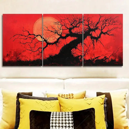 3pcs Red Sun Tree Luxury Nature Metal Print Ready to Hang Art