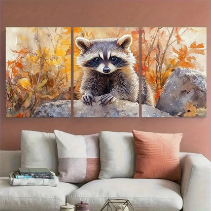 3pcs Raccoon Watercolour Animal Illustration Wall Art Set Canvas Framed 40x60cm - High Quality Print 100% Australian Made Wall Canvas Ready to Hang
