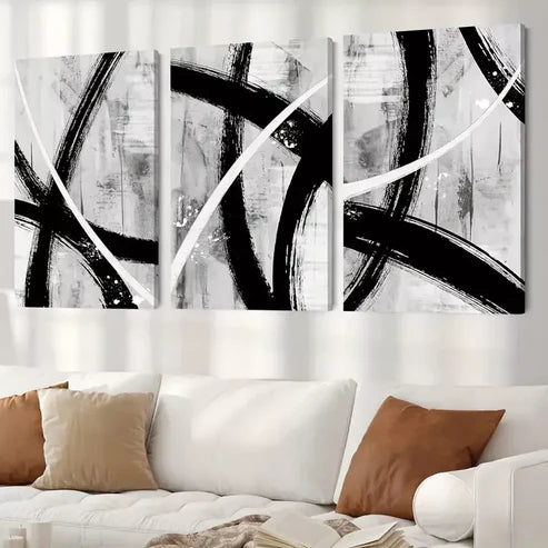 3pcs Black Gray White Geometric Paint Canvas Framed 60x90cm - High Quality Print 100% Australian Made Wall Canvas Ready to Hang