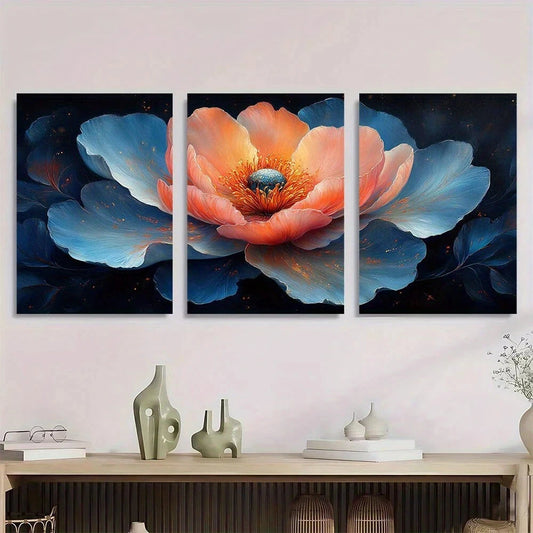 3pcs Vibrant Peony Floral Dark Blue & Orange Metal Print Ready to Hang Art