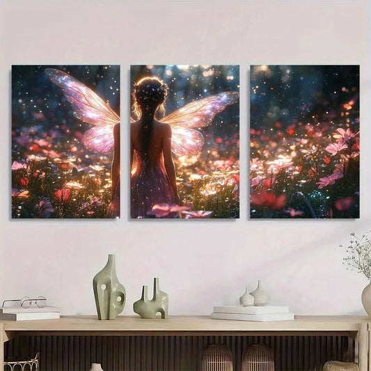 3pcs Glowing Wings & Forest & Colorful Lights Metal Print Ready to Hang Art