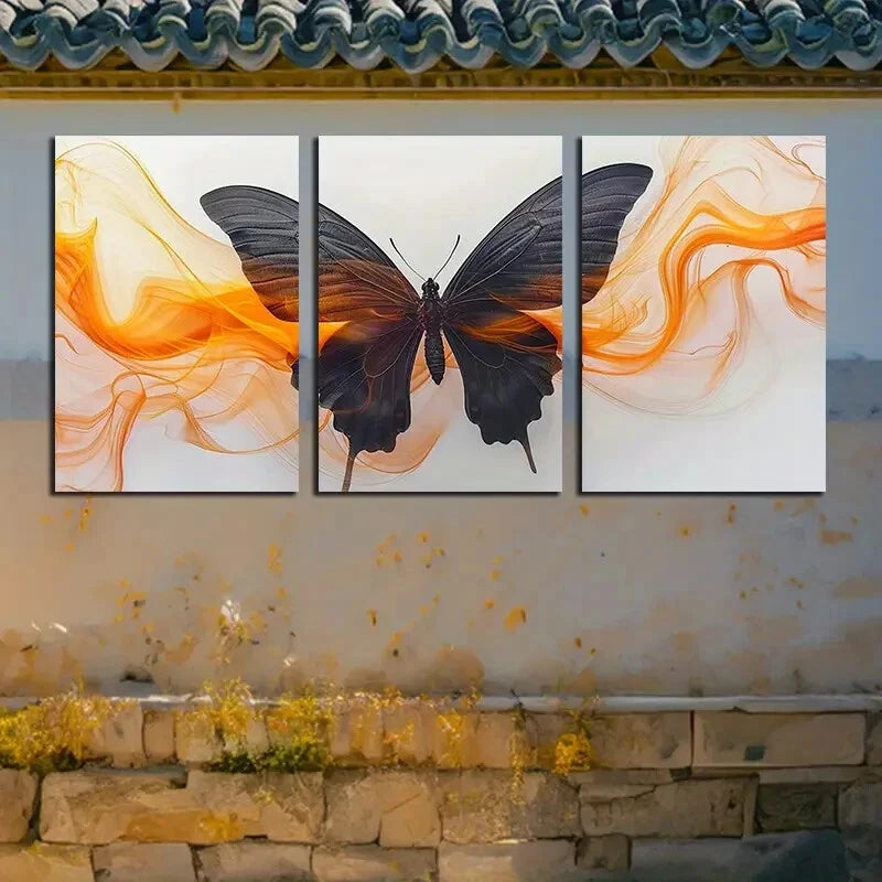 3pcs Vibrant Orange and Black Butterfly Design Metal Print Ready to Hang Art