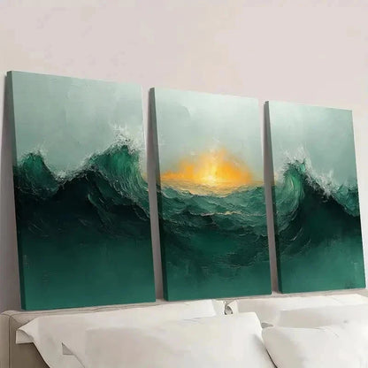 3pcs Green Minimalist Waves & Sunset E y  Wall Art Set Canvas Framed 50x70cm - High Quality Print 100% Australian Made Wall Canvas Ready to Hang