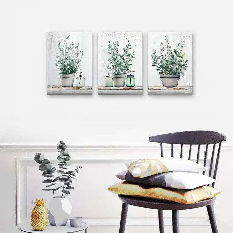 3pcs Artwork of Green Leaves in VaseMetal Print Ready to Hang Art