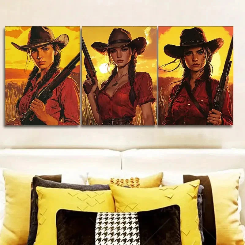 3pcs Woman in Red Shirt Western Style Metal Print Ready to Hang Art
