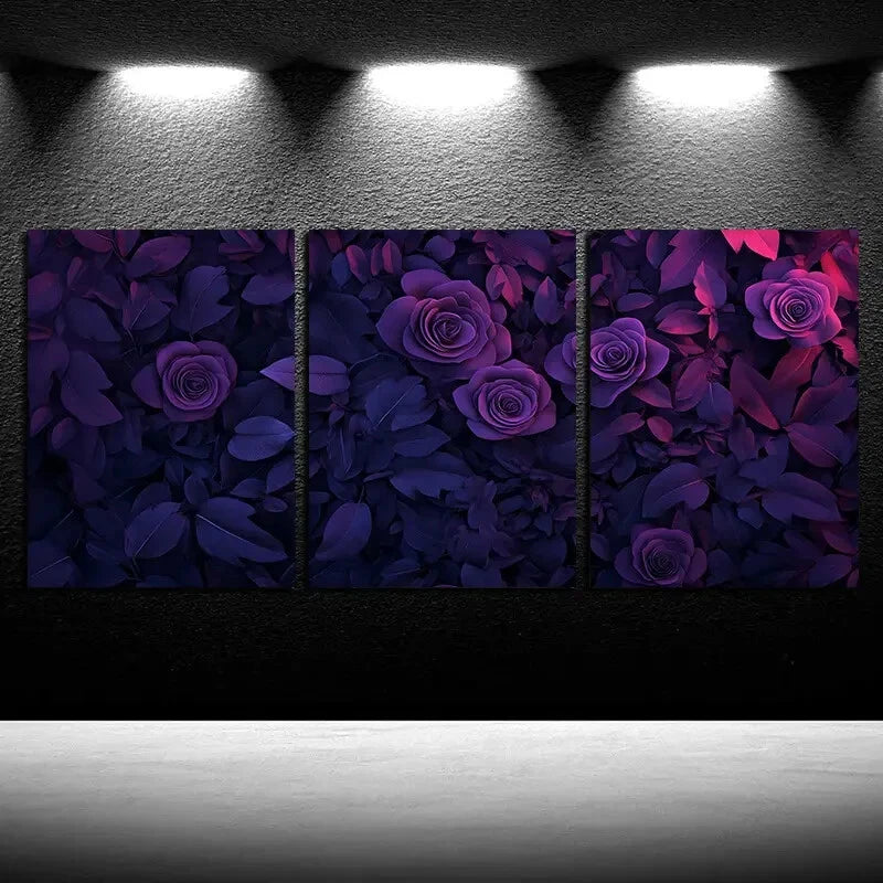 3pcs Purple Rose Dark Theme Illustration Metal Print Ready to Hang Art