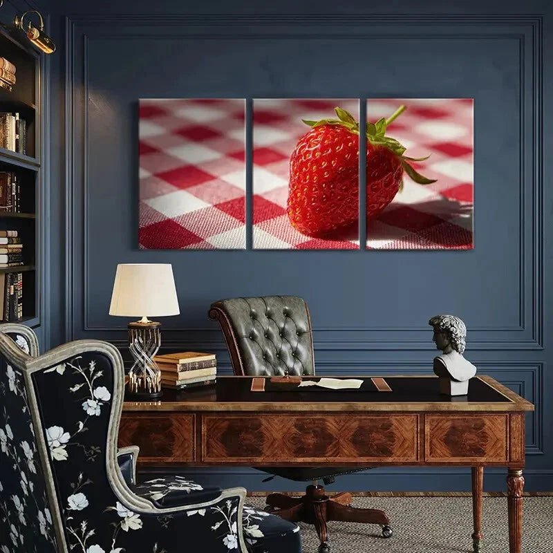 3pcs Fresh Strawberry On Kitchen Checkerboard Metal Print Ready to Hang Art