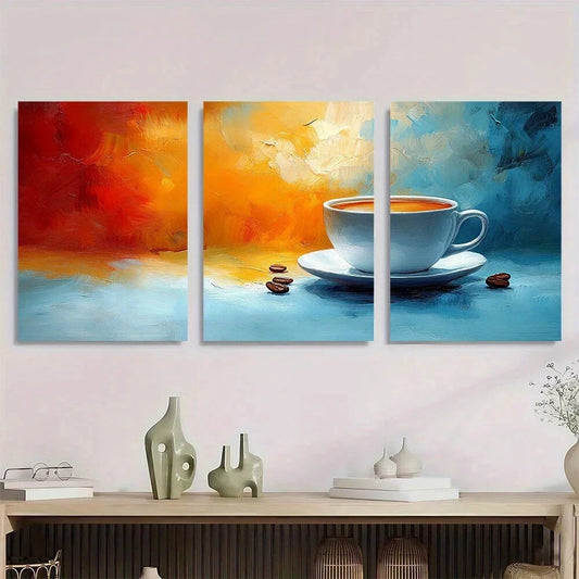 3pcs Vibrant Abstract Colourful Coffee Cup Metal Print Ready to Hang Art