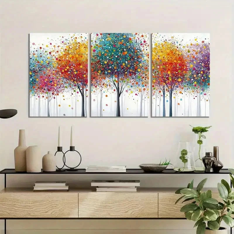 3pcs Vibrant Abstract Tree Painting with Colorful Metal Print Ready to Hang Art