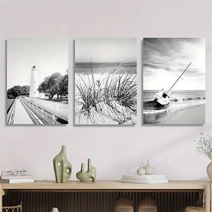 3pcs Nautical Art Black and White Coastal Metal Print Ready to Hang Art