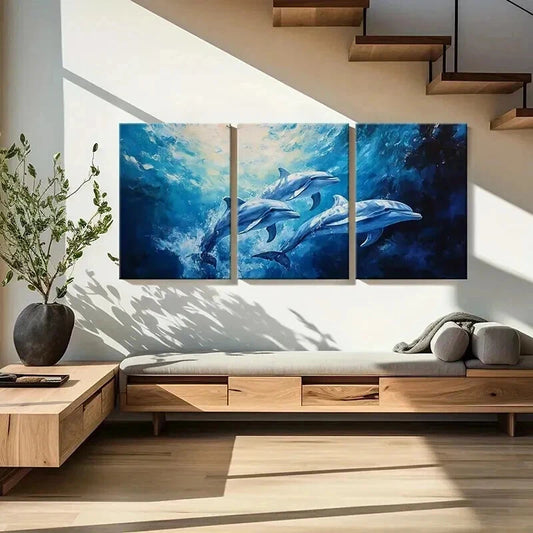 3pcs Sea Life Dolphins in Ocean Landscape Wall Art Set Canvas Framed 40x60cm - High Quality Print 100% Australian Made Wall Canvas Ready to Hang