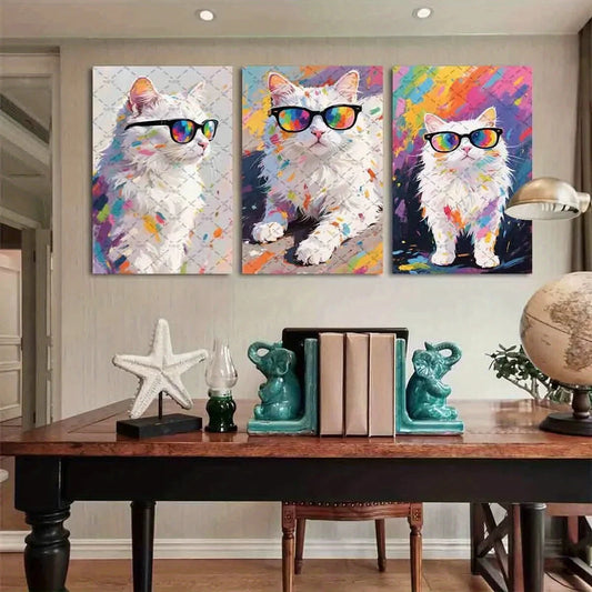 3pcs Chic White Cats with Glasses Metal Print Ready to Hang Art
