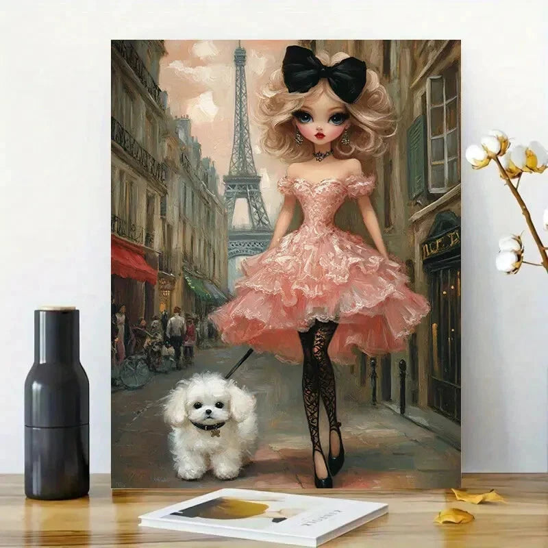 Beautiful Doll with Big Eyes, Wearing Shoulder Pink 40x60cm Metal Print Ready to Hang
