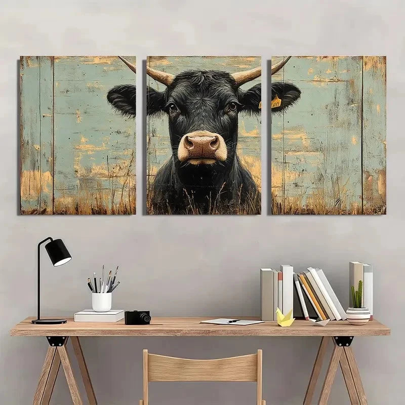 3pcs Playful Rustic Cow Vintage Blue Wall Art Set Canvas Framed 50x70cm - High Quality Print 100% Australian Made Wall Canvas Ready to Hang