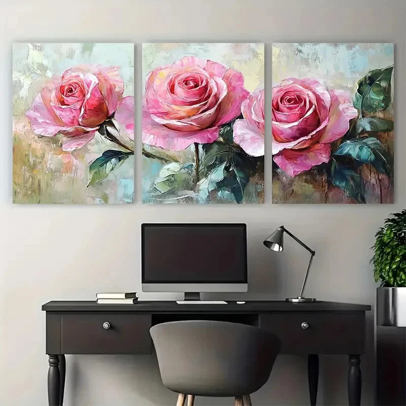 3pcs Pink Roses Abstract Roses Impasto Design Metal Print Ready to Hang Art