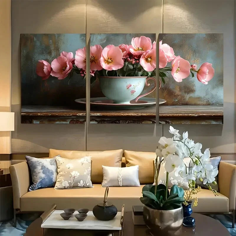 3pcs Pink Tulips in Floral Teacup Design Metal Print Ready to Hang Art