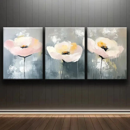 3pcs Pink & Yellow Poppy on Grey Background Metal Print Ready to Hang Art