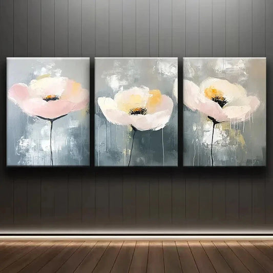 3pcs Pink & Yellow Poppy on Grey Background Metal Print Ready to Hang Art