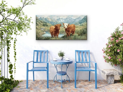 Highland Cow & Calf Landscape Wall Art Canvas Office Home Room Framed 120x60cm