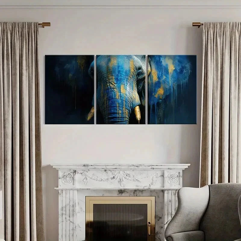 3pcs Abstract Elephant Art Blue Yellow Splash Metal Print Ready to Hang Art