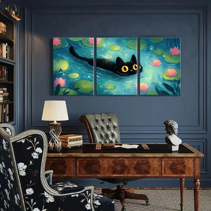 3pcs Black Cat Swimming in for Lotus Pond Metal Print Ready to Hang Art