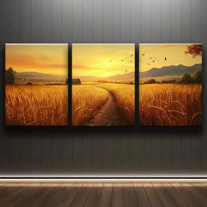 3pcs Golden Wheat Field Nature Scenery Metal Print Ready to Hang Art