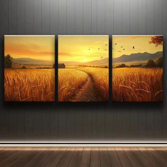 3pcs Golden Wheat Field Nature Scenery Metal Print Ready to Hang Art
