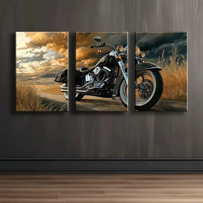 3pcs Sleek Black Motorcycle Wall Art Set Canvas Framed 60x90cm - High Quality Print 100% Australian Made Wall Canvas Ready to Hang