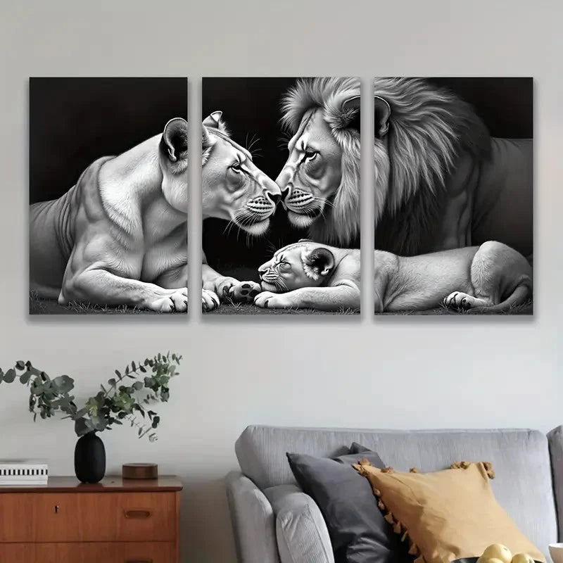 3pcs Black And White Lion Family Wall Art Set Canvas Framed 60x90cm - High Quality Print 100% Australian Made Wall Canvas Ready to Hang