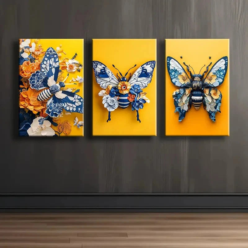 3pcs Butterfly Themed Textured Painting Wall Art Set Canvas Framed 60x90cm - High Quality Print 100% Australian Made Wall Canvas Ready to Hang