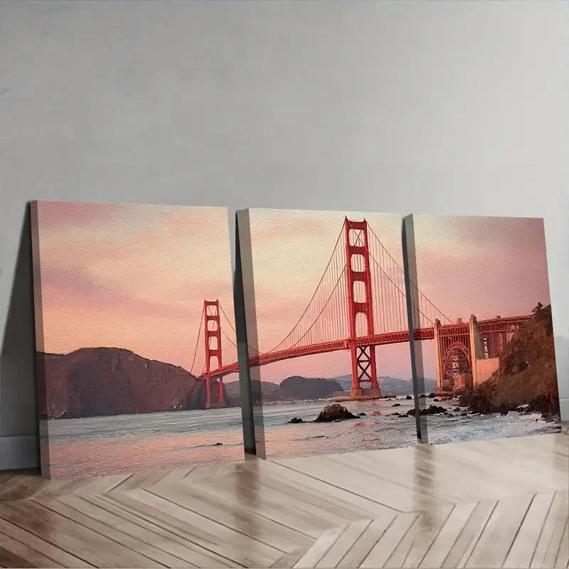3pcs Golden Gate Bridge Showing Fog Wall Art Set Canvas Framed 50x70cm - High Quality Print 100% Australian Made Wall Canvas Ready to Hang
