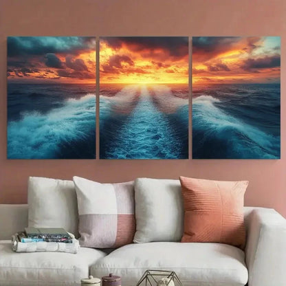 3pcs Fantasy Sea Tracks with Sunset Illustration Metal Print Ready to Hang Art