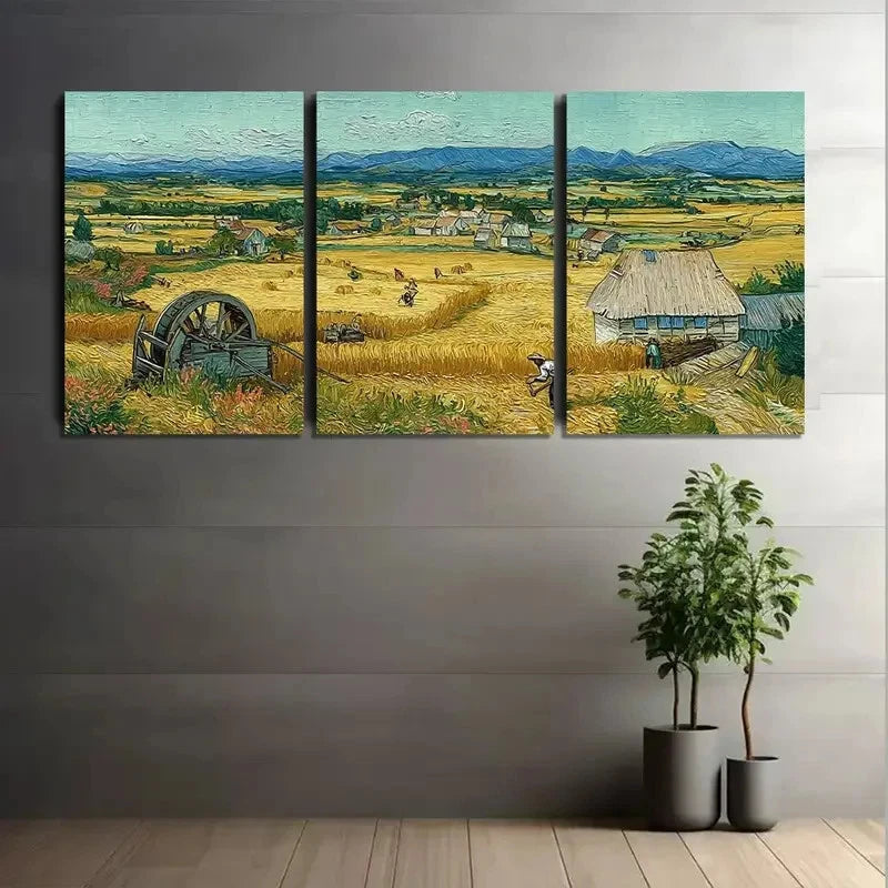 3pcs Retro Wheat Field Harvest Scene Paintings Metal Print Ready to Hang Art
