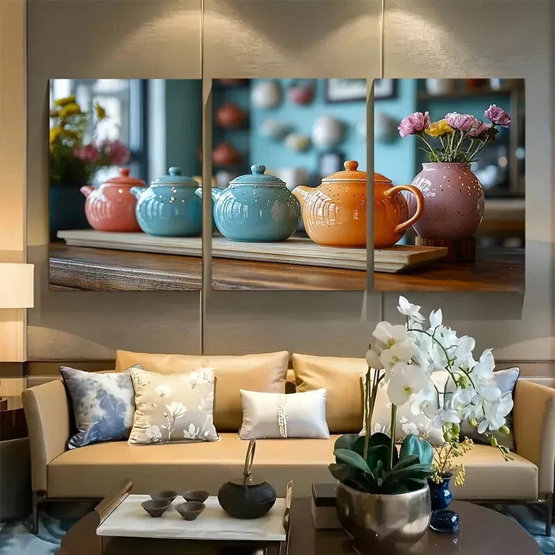 3pcs Kitchen Decor Colorful Teapots Design Metal Print Ready to Hang Art