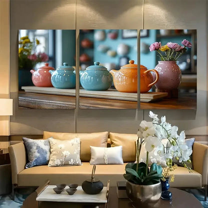 3pcs Kitchen Decor Colorful Teapots Design Metal Print Ready to Hang Art
