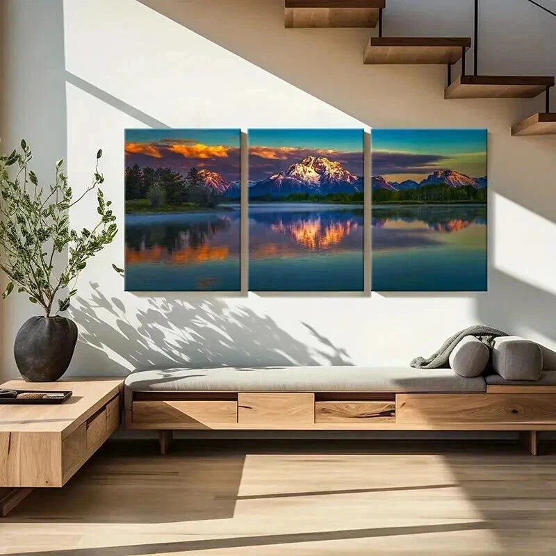 3pcs Mountains Lakes Sun Reflection on Water Wall Art Set Canvas Framed 40x60cm - High Quality Print 100% Australian Made Wall Canvas Ready to Hang