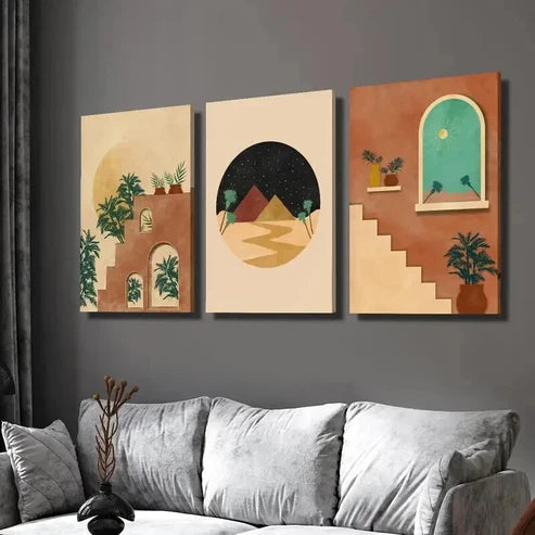 3pcs Moroccan Burnt Orange Oasis in the Desert Wall Art Set Canvas Unframed - High Quality Print 100% Australian Made Wall Canvas