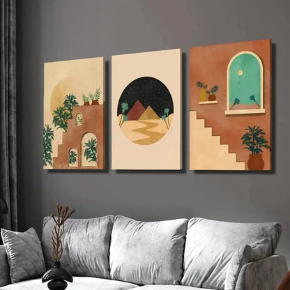 3pcs Moroccan Burnt Orange Oasis in the Desert Wall Art Set Canvas Unframed - High Quality Print 100% Australian Made Wall Canvas