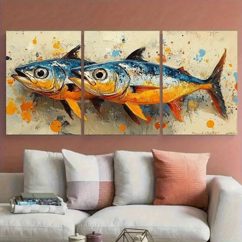 3pcs Sardine Fish Marine Illustration Metal Print Ready to Hang Art