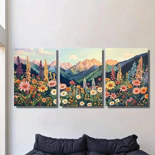 3pcs Mountain Meadow Scene with Colorful Flowers Metal Print Ready to Hang Art