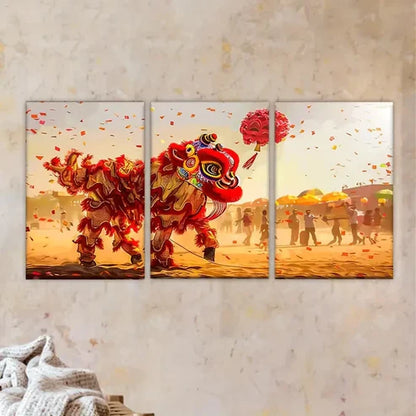 3pcs Vibrant Lion Dance Scene with Confetti Canvas Art S Wall Art Set Canvas Unframed - High Quality Print 100% Australian Made Wall Canvas - Bella Home Decor