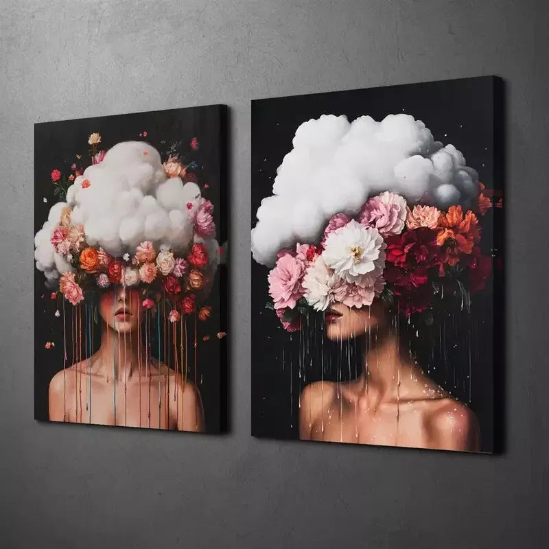 2pcs Surreal Floral Woman & Vibrant Pink and Red Flowers Canvas Framed 50x75cm - High Quality Print 100% Australian Made Wall Canvas Ready to Hang