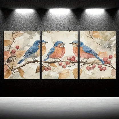 3pcs Bluebirds on a Berry Branch Metal Print Ready to Hang Art