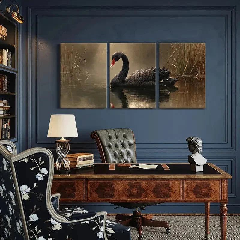 3pcs Black Swan Elegant Bird Water Reflection Metal Print Ready to Hang Art