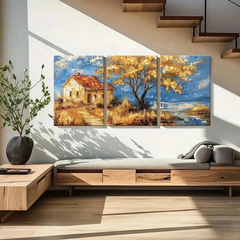 3pcs Autumn Cottage Golden Tree Serene Landscape Wall Art Set Canvas Framed 40x60cm - High Quality Print 100% Australian Made Wall Canvas Ready to Hang