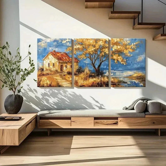3pcs Autumn Cottage Golden Tree Serene Landscape Wall Art Set Canvas Framed 40x60cm - High Quality Print 100% Australian Made Wall Canvas Ready to Hang