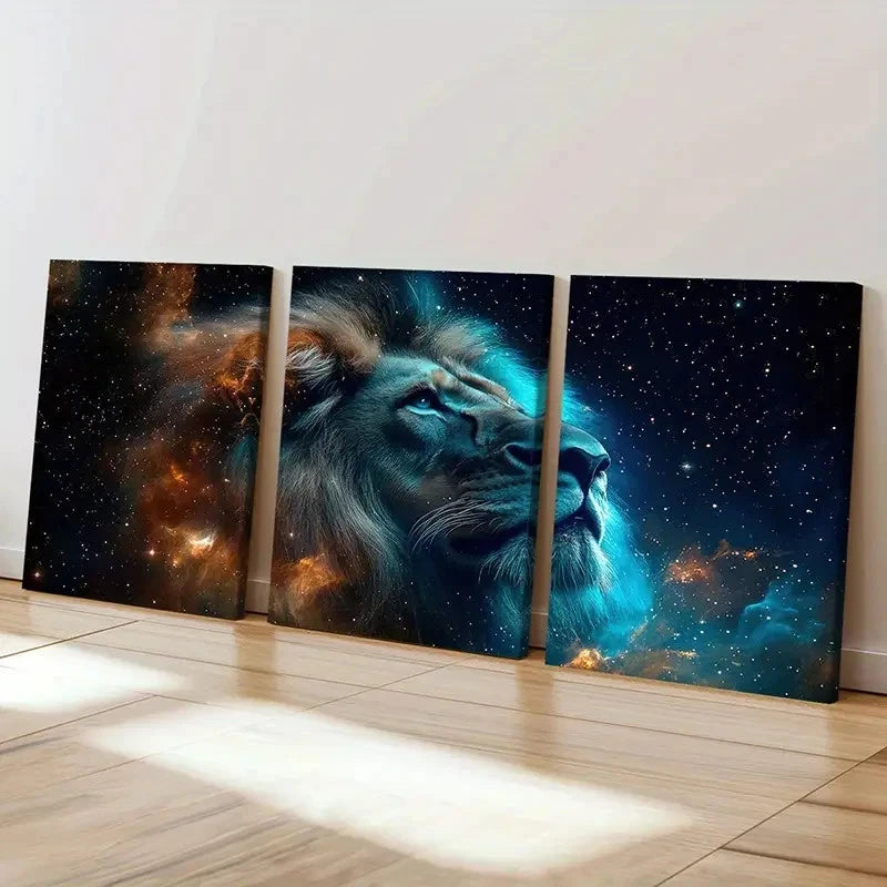 3pcs Lion Profile Cosmic Background Starry Sky Wall Art Set Canvas Framed 50x70cm - High Quality Print 100% Australian Made Wall Canvas Ready to Hang
