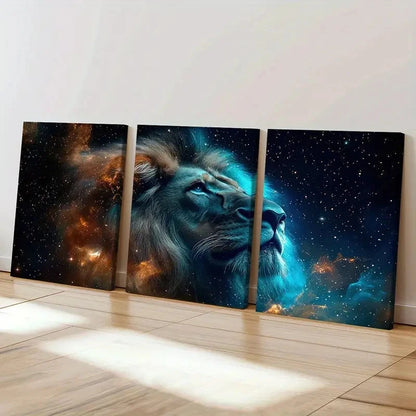 3pcs Lion Profile Cosmic Background Starry Sky Wall Art Set Canvas Framed 50x70cm - High Quality Print 100% Australian Made Wall Canvas Ready to Hang